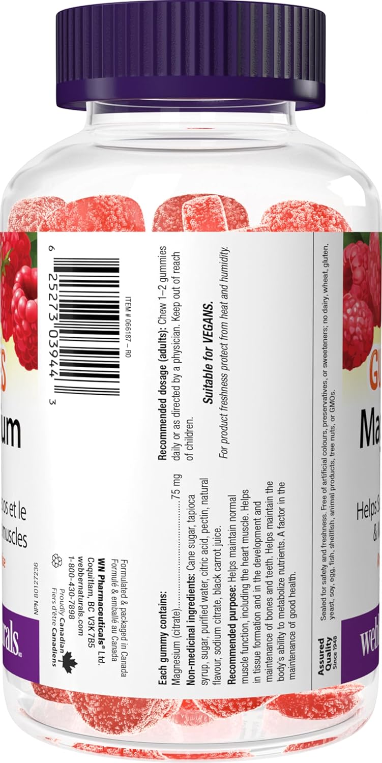 Webber Naturals Magnesium Gummy 75 mg, 75 Raspberry Flavoured Gummies, Supports Bone and Muscle Functions, Vegan