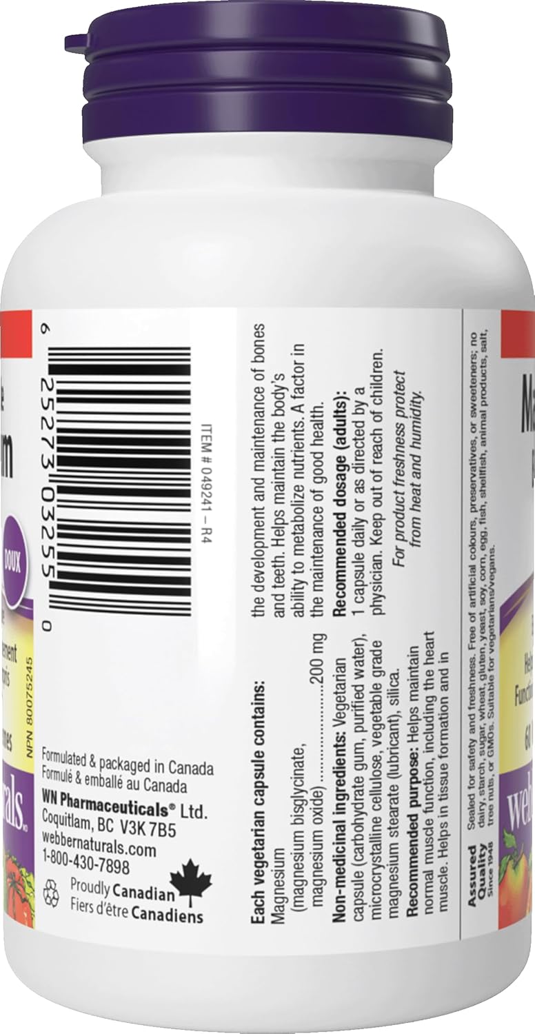 Webber Naturals Magnesium Bisglycinate 200 mg, 60 Capsules, Supports Bone and Muscle Functions, Vegan