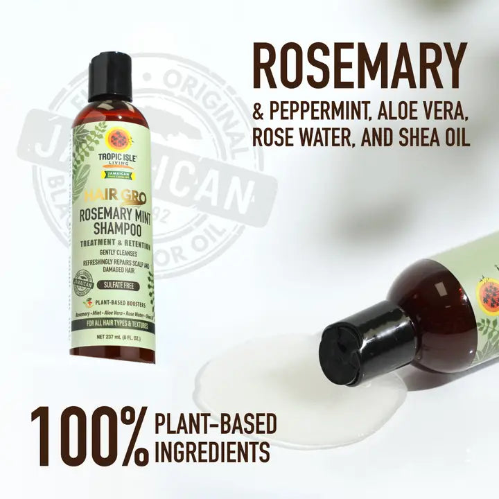 Hair Gro Rosemary Mint ShampooTropic Isle Living's Rosemary Mint Shampoo revitalizes and repairs damaged hair with a gentle, plant-based formula. 
It invigorates the scalp, hydrates hair, and leaBuffed Nutrition