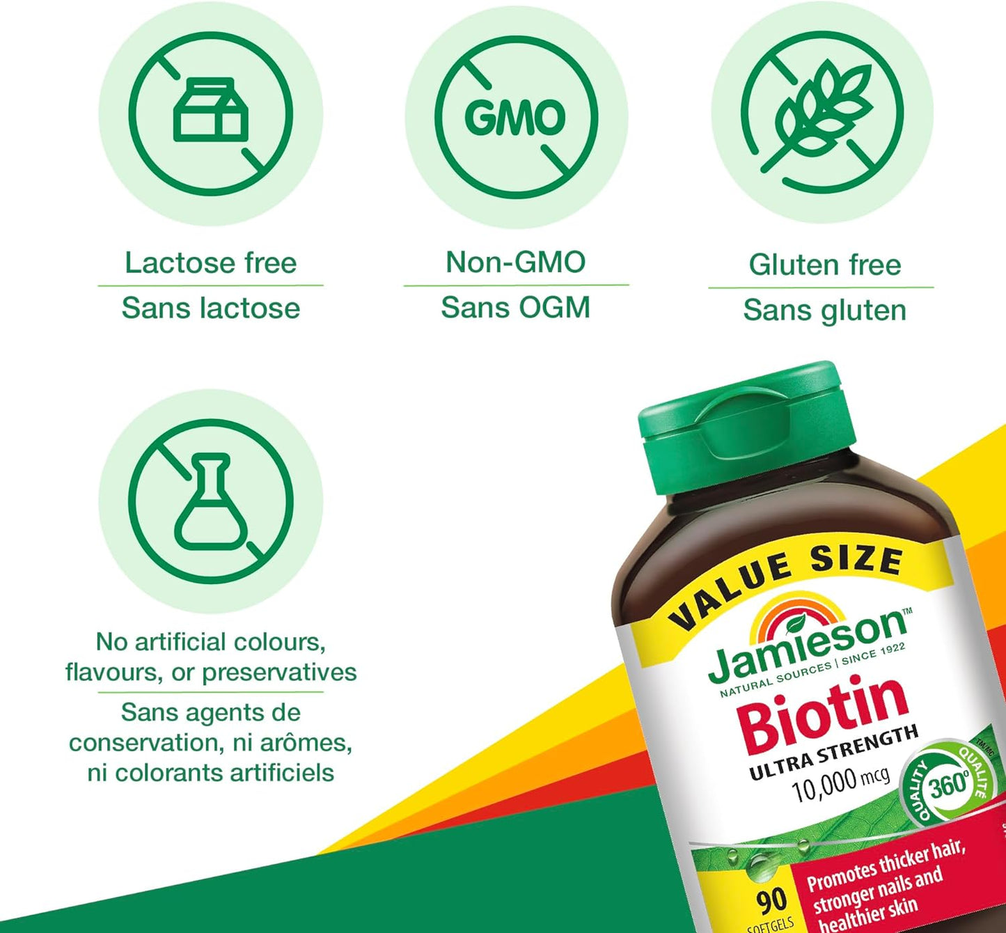 Vitamins: Jamieson Biotin 10,000 mcg Ultra Strength 90 SoftgelsULTRA STRENGTH POTENCY: In just 1 softgel per day, get the highest level of Biotin support with 10,000 mcg.


HAIR, SKIN, NAILS: Promotes thicker hair, healthier skiBuffed Nutrition