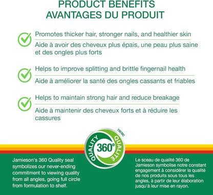 Vitamins: Jamieson Biotin 10,000 mcg Ultra Strength 90 SoftgelsULTRA STRENGTH POTENCY: In just 1 softgel per day, get the highest level of Biotin support with 10,000 mcg.


HAIR, SKIN, NAILS: Promotes thicker hair, healthier skiBuffed Nutrition