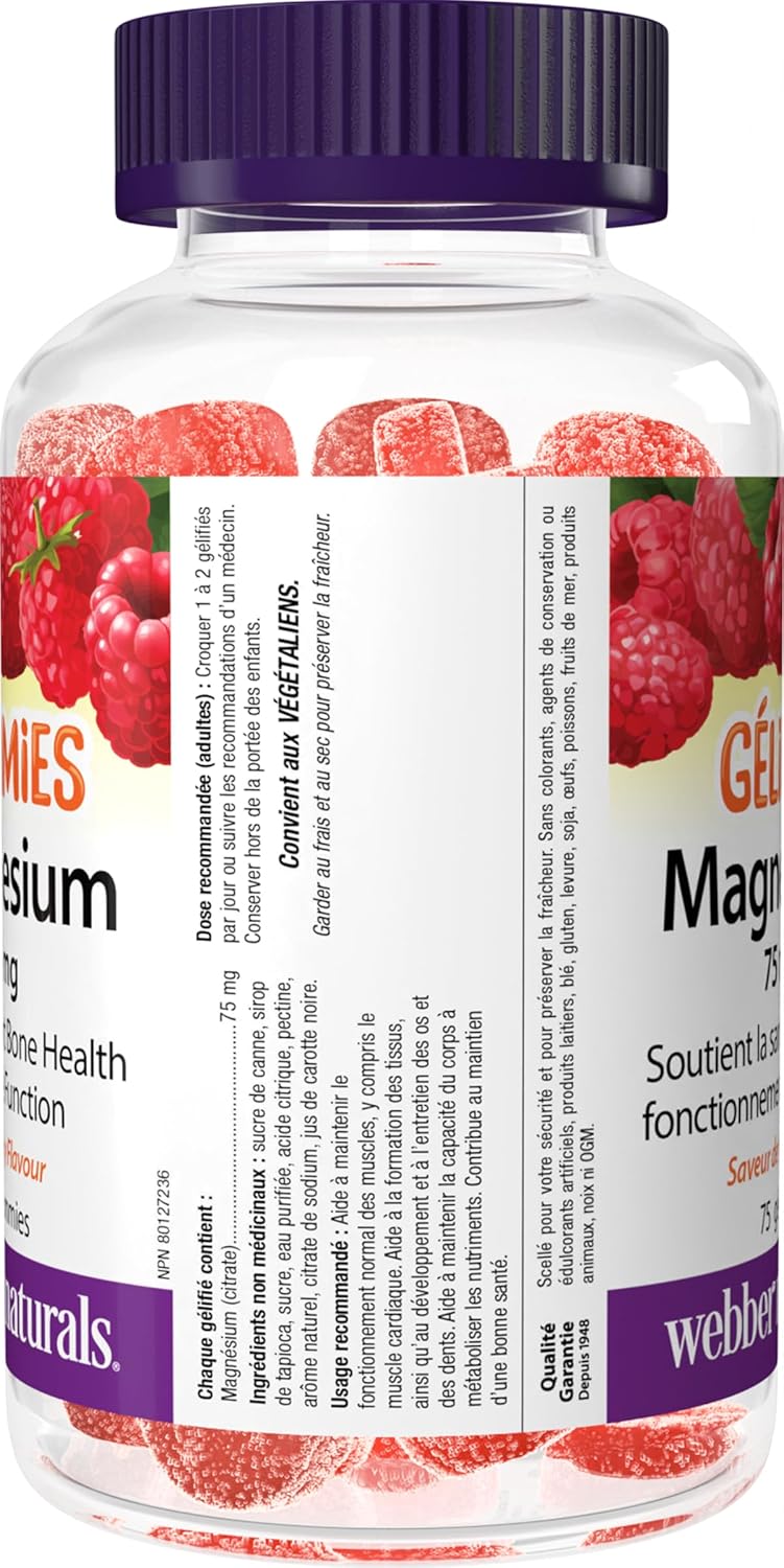Webber Naturals Magnesium Gummy 75 mg, 75 Raspberry Flavoured Gummies, Supports Bone and Muscle Functions, Vegan