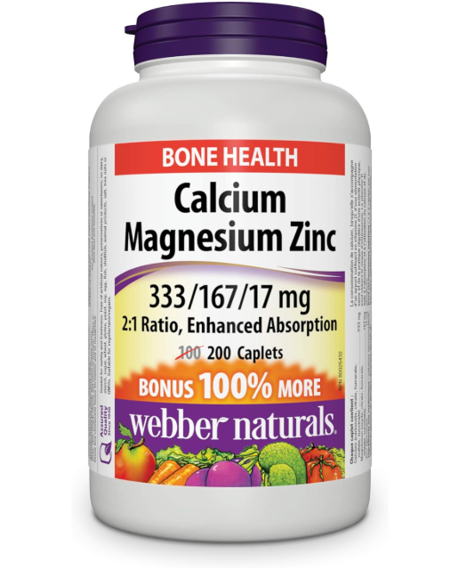 Webber Naturals Calcium with Magnesium and Zinc, 200 Caplets, Enhanced Absorption, Helps Support Bones and Teeth, Vegan