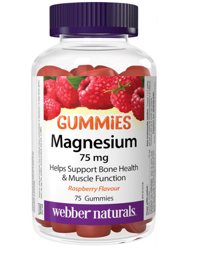 Webber Naturals Magnesium Gummy 75 mg, 75 Raspberry Flavoured Gummies, Supports Bone and Muscle Functions, Vegan