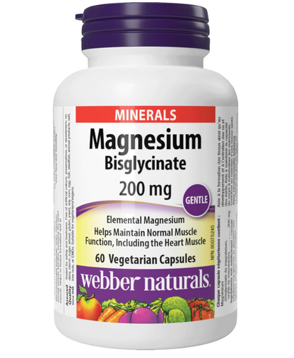 Webber Naturals Magnesium Bisglycinate 200 mg, 60 Capsules, Supports Bone and Muscle Functions, Vegan