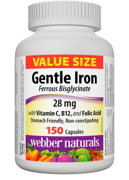 Webber Naturals Gentle Iron Supplement with Vitamin C, B12 and Folic Acid, 28 mg, 150 Capsules, Stomach-Friendly, Non-Constipating, Helps Prevent Iron Deficiency Anemia