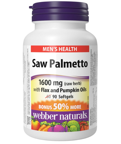 Webber Naturals Saw Palmetto 160 mg, Contains Flax and Pumpkin Oil, 90 Softgel