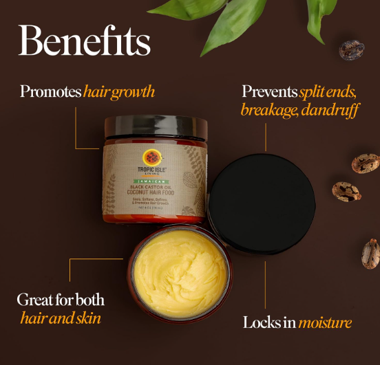 Jamaican Black Caster Hair Food Coconut (4oz)The Tropic Isle Living Coconut Jamaican Black Castor Oil Hair food helps to add moisture to your hair and prevent split ends, breakage, dry scalp, and dandruff with Buffed Nutrition
