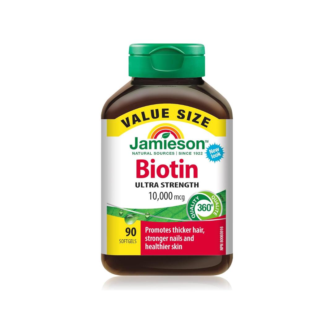 Vitamins: Jamieson Biotin 10,000 mcg Ultra Strength 90 SoftgelsULTRA STRENGTH POTENCY: In just 1 softgel per day, get the highest level of Biotin support with 10,000 mcg.


HAIR, SKIN, NAILS: Promotes thicker hair, healthier skiBuffed Nutrition